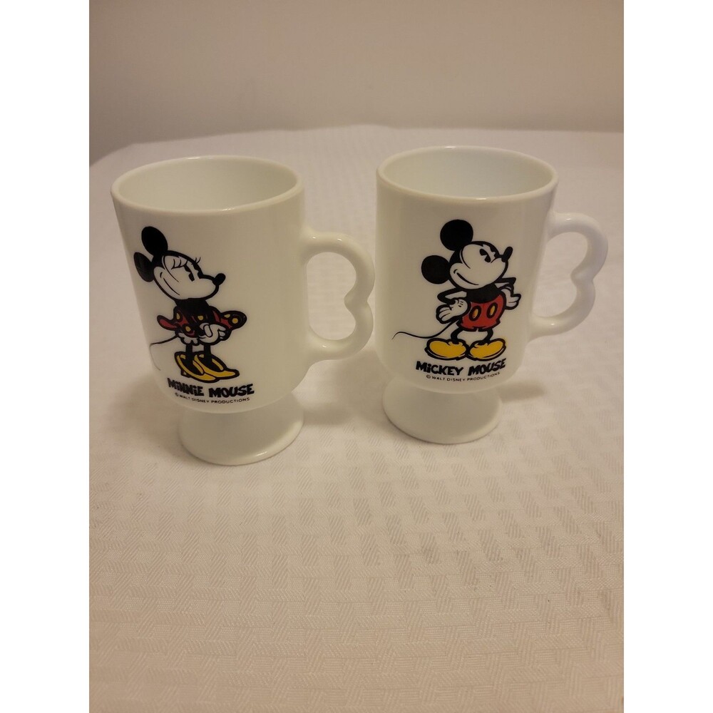 Walt Disney Productions Mickey & Minnie Milk Glass Footed Pedestal Coffee Mugs